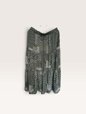 Boho Patchwork Print Maxi Skirt Green Floral Tiered Ruffle Drawstring/146